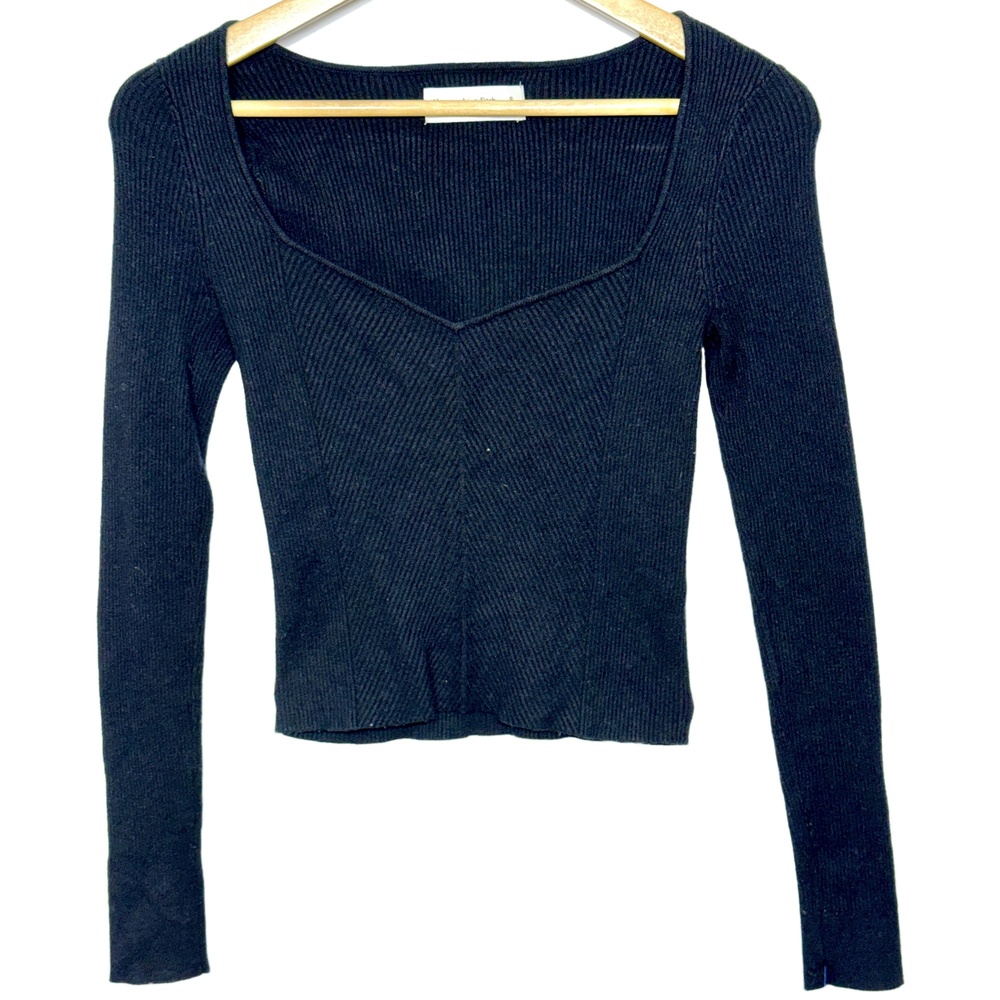 Abercrombie & Fitch Soft AF Black Ribbed Knit Square Neck V-Neck Sweater Size S